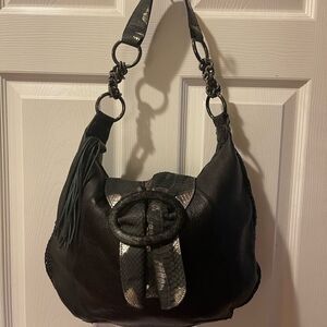 CHI By Carlos Falchi Black Leather Snake Skin  metallic strap Hobo shoul…